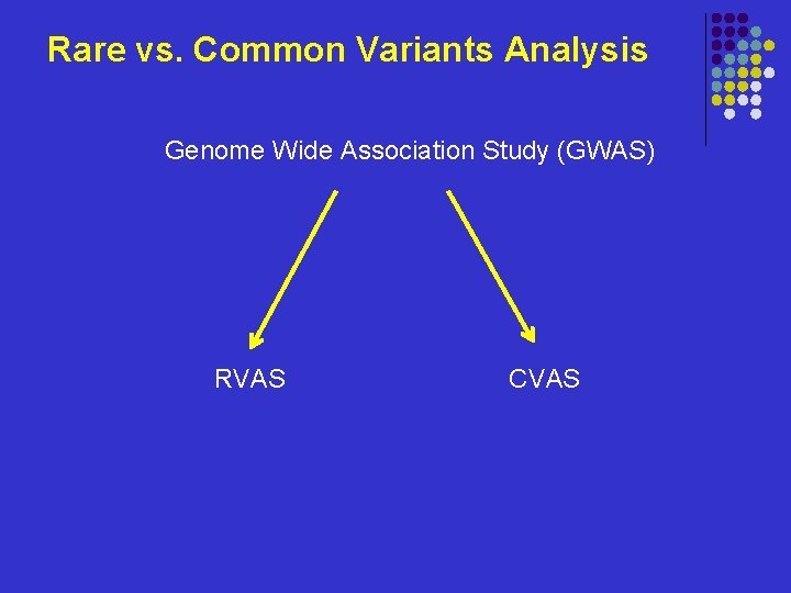 Rare vs. Common Variants Analysis Genome Wide Association Study (GWAS) RVAS CVAS 