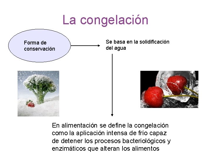 La congelación Forma de conservación Se basa en la solidificación del agua En alimentación