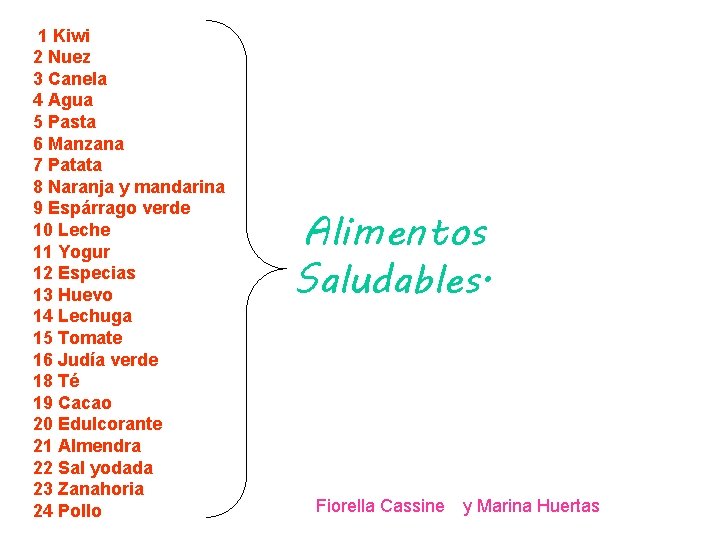 1 Kiwi 2 Nuez 3 Canela 4 Agua 5 Pasta 6 Manzana 7 Patata