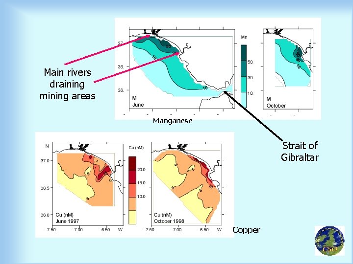 Main rivers draining mining areas Manganese Strait of Gibraltar Copper 