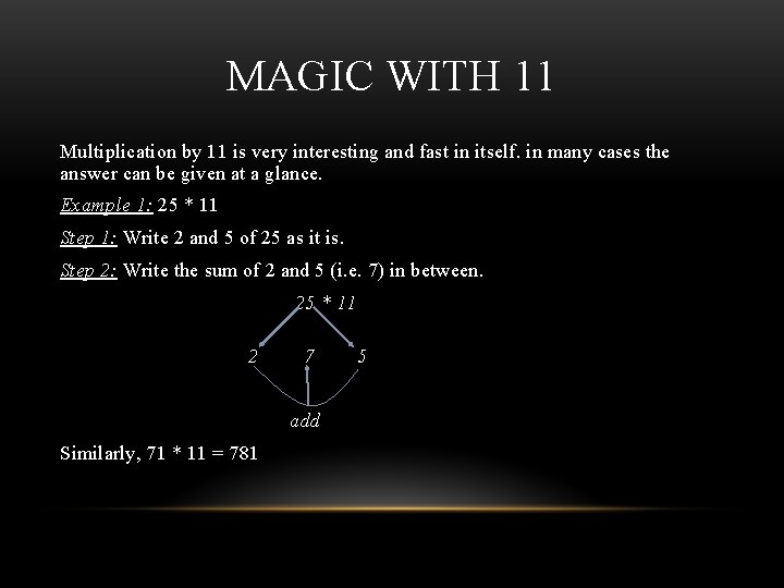 MAGIC WITH 11 Multiplication by 11 is very interesting and fast in itself. in