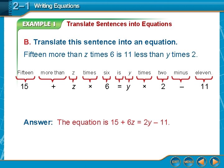 Translate Sentences into Equations B. Translate this sentence into an equation. Fifteen more than