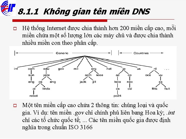 8. 1. 1 Không gian tên miền DNS o Hệ thống Internet được chia
