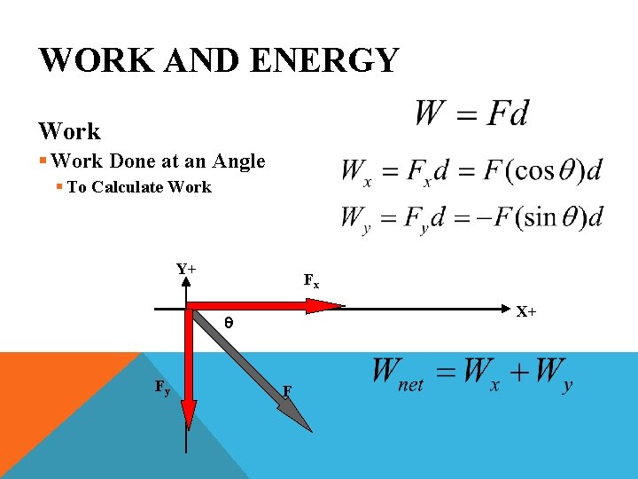 WORK AND ENERGY Work § Work Done at an Angle § To Calculate Work