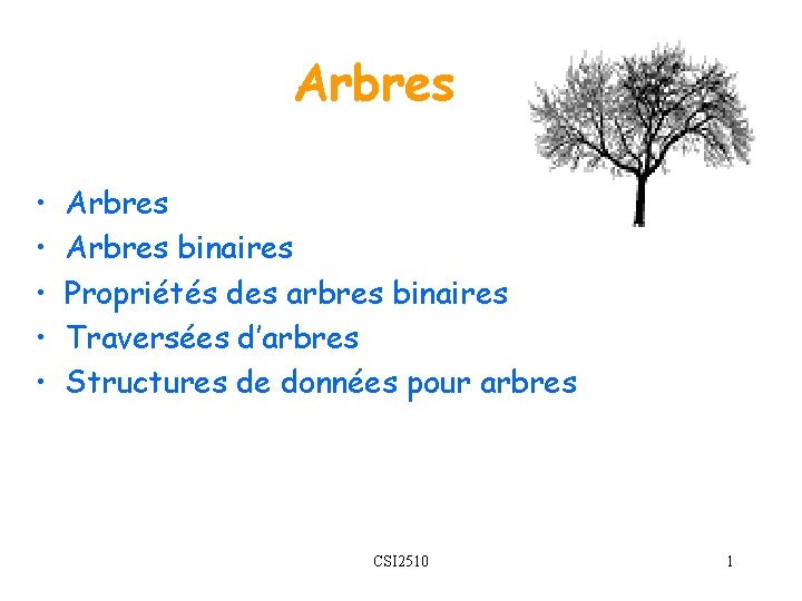 Arbres • • • Arbres binaires Propriétés des arbres binaires Traversées d’arbres Structures de