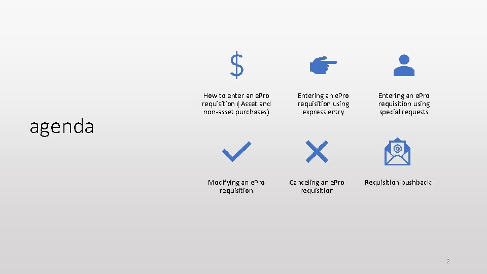 agenda How to enter an e. Pro requisition ( Asset and non-asset purchases) Modifying agenda How to enter an e. Pro requisition ( Asset and non-asset purchases) Modifying