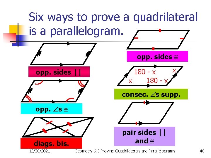 Six ways to prove a quadrilateral is a parallelogram. opp. sides || x 180