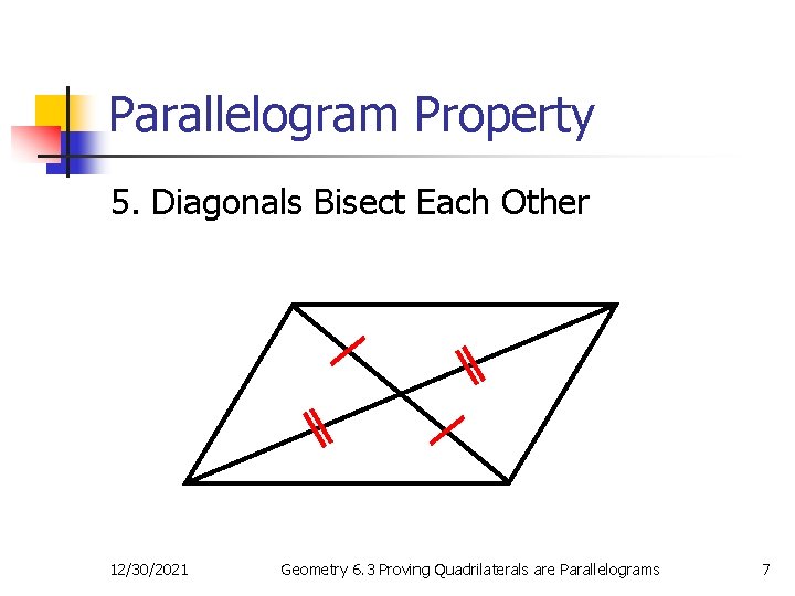 Parallelogram Property 5. Diagonals Bisect Each Other 12/30/2021 Geometry 6. 3 Proving Quadrilaterals are