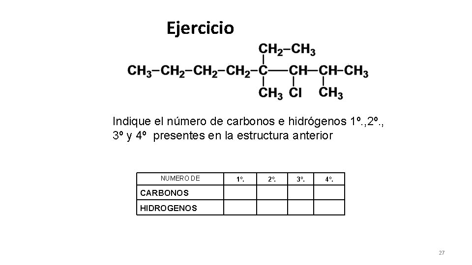 Ejercicio Indique el número de carbonos e hidrógenos 1º. , 2º. , 3º y