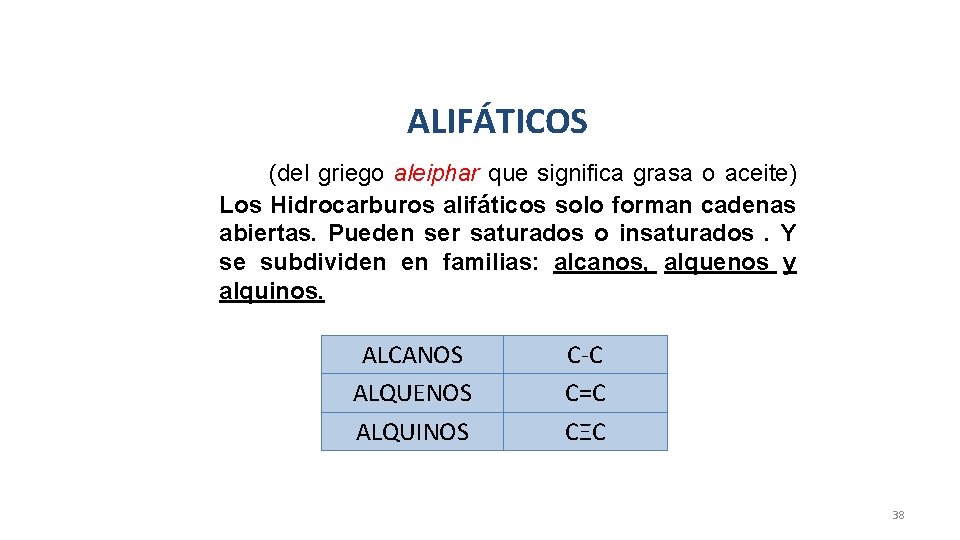 ALIFÁTICOS (del griego aleiphar que significa grasa o aceite) Los Hidrocarburos alifáticos solo forman