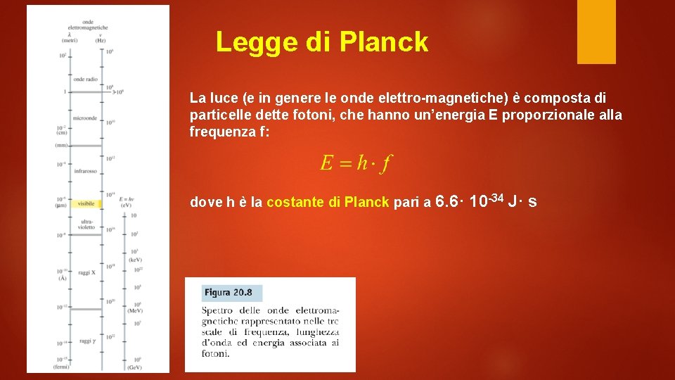 Legge di Planck La luce (e in genere le onde elettro-magnetiche) è composta di