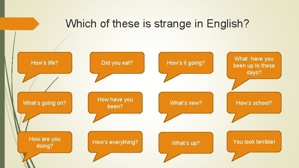 Which of these is strange in English? How’s life? Did you eat? How’s it