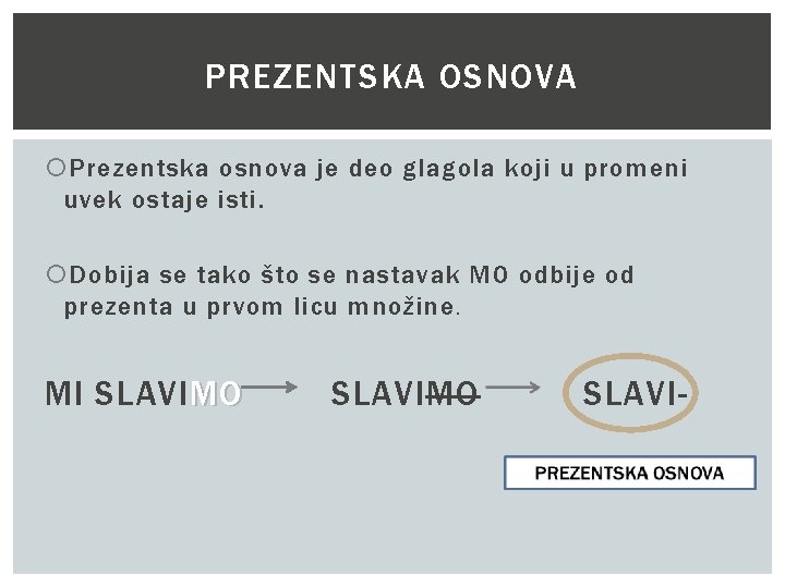 PREZENTSKA OSNOVA Prezentska osnova je deo glagola koji u promeni uvek ostaje isti. Dobija