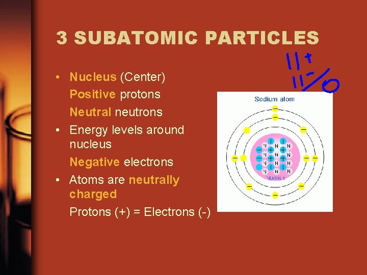 3 SUBATOMIC PARTICLES • Nucleus (Center) Positive protons Neutral neutrons • Energy levels around