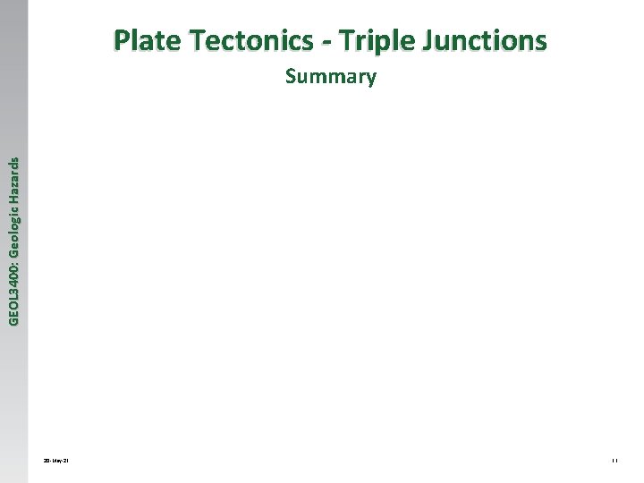 Plate Tectonics - Triple Junctions GEOL 3400: Geologic Hazards Summary 20 -May-21 11 