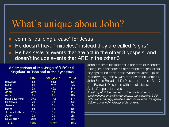 What’s unique about John? n n n John is “building a case” for Jesus