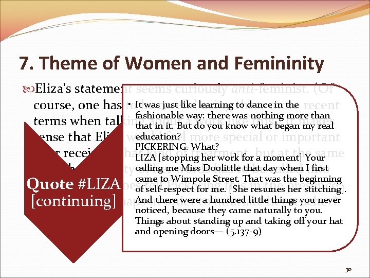 7. Theme of Women and Femininity Eliza's statement seems curiously anti-feminist. (Of • Itbe