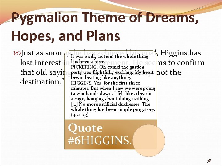 Pygmalion Theme of Dreams, Hopes, and Plans Just as soon as histhing goal, Higgins