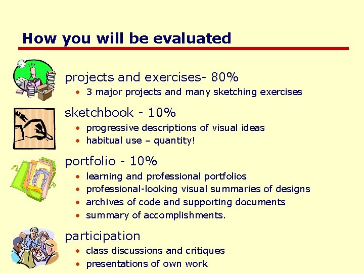 How you will be evaluated projects and exercises- 80% • 3 major projects and How you will be evaluated projects and exercises- 80% • 3 major projects and