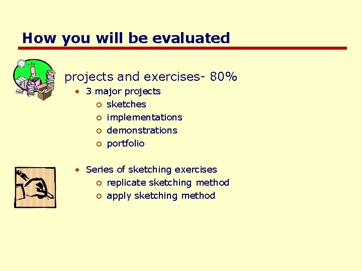 How you will be evaluated projects and exercises- 80% • 3 major projects o How you will be evaluated projects and exercises- 80% • 3 major projects o