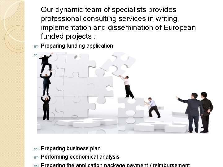 Our dynamic team of specialists provides professional consulting services in writing, implementation and dissemination