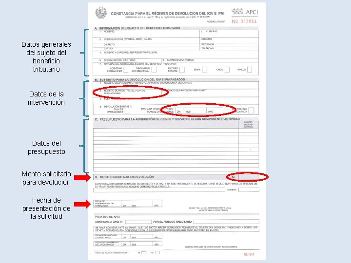 Datos generales del sujeto del beneficio tributario Datos de la intervención Datos del presupuesto