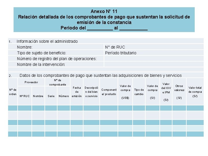 Anexo N° 11 Relación detallada de los comprobantes de pago que sustentan la solicitud