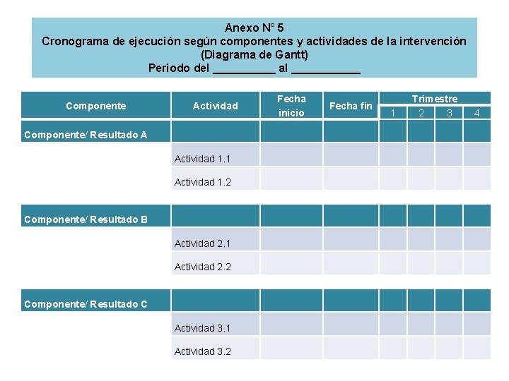 Anexo N° 5 Cronograma de ejecución según componentes y actividades de la intervención (Diagrama