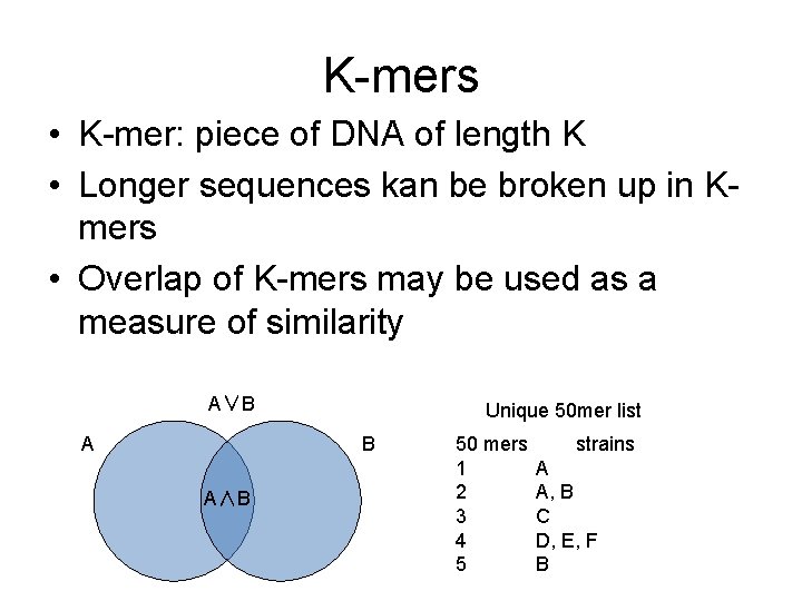 K-mers • K-mer: piece of DNA of length K • Longer sequences kan be