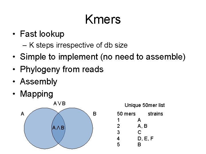 Kmers • Fast lookup – K steps irrespective of db size • • Simple