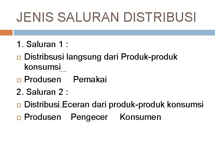 JENIS SALURAN DISTRIBUSI 1. Saluran 1 : Distribsusi langsung dari Produk-produk konsumsi Produsen Pemakai