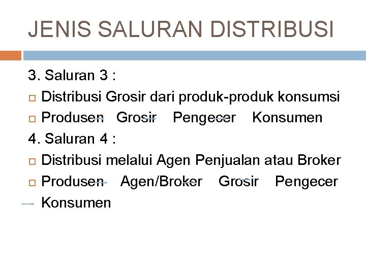 JENIS SALURAN DISTRIBUSI 3. Saluran 3 : Distribusi Grosir dari produk-produk konsumsi Produsen Grosir