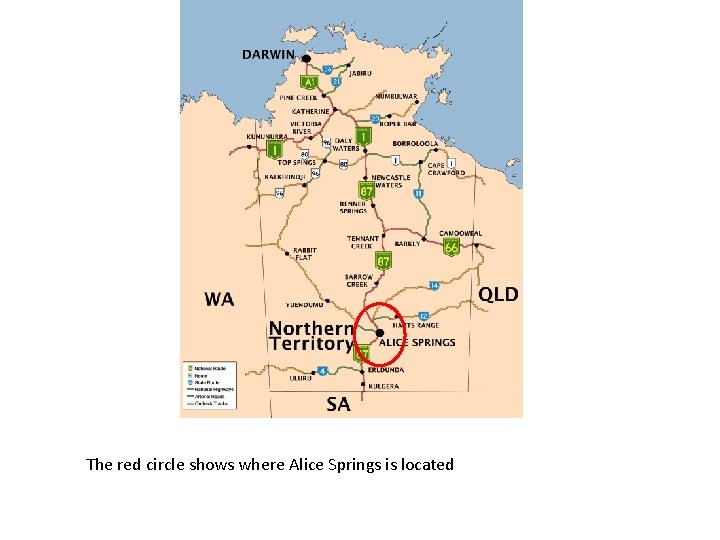 The red circle shows where Alice Springs is located 