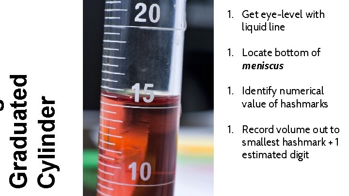 1. Get eye-level with liquid line Graduated Cylinder 1. Locate bottom of meniscus 1.