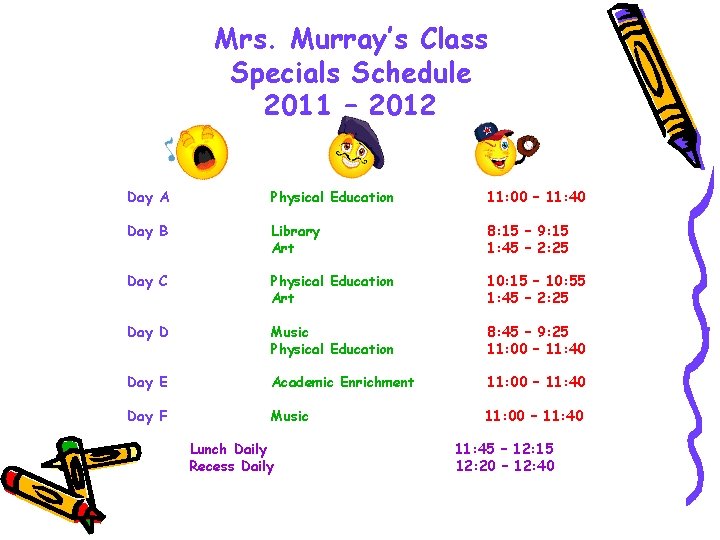 Mrs. Murray’s Class Specials Schedule 2011 – 2012 Day A Physical Education 11: 00