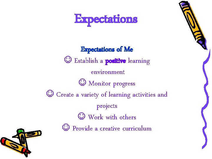 Expectations of Me Establish a positive learning environment Monitor progress Create a variety of