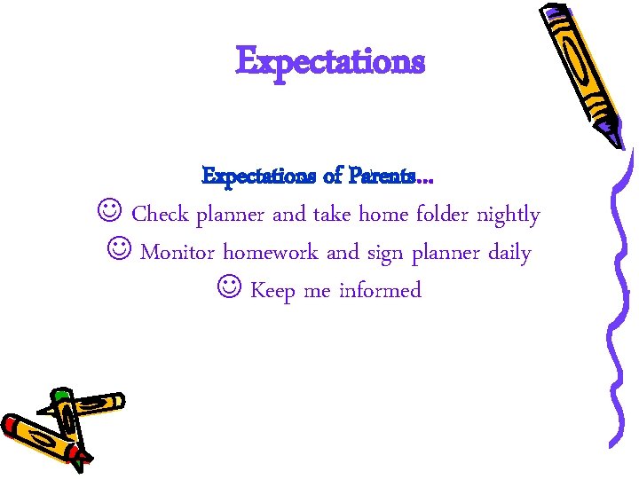 Expectations of Parents… Check planner and take home folder nightly Monitor homework and sign