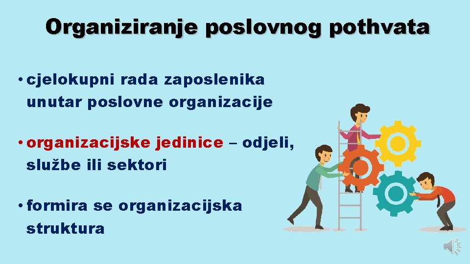 Organiziranje poslovnog pothvata • cjelokupni rada zaposlenika unutar poslovne organizacije • organizacijske jedinice –