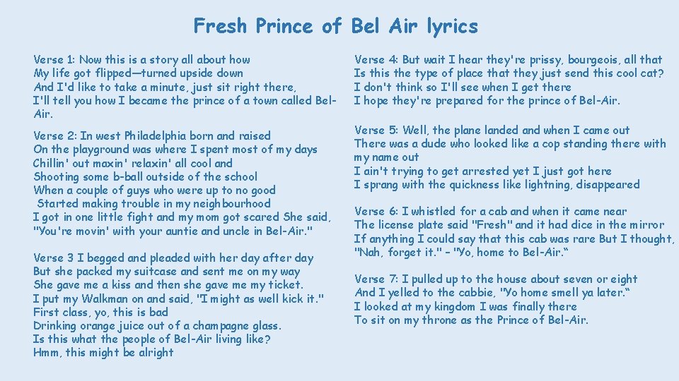 Fresh Prince of Bel Air lyrics Verse 1: Now this is a story all