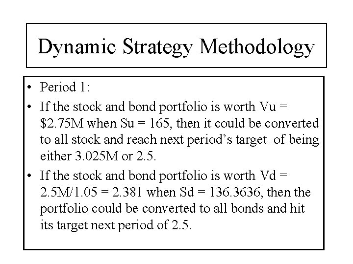 Dynamic Strategy Methodology • Period 1: • If the stock and bond portfolio is