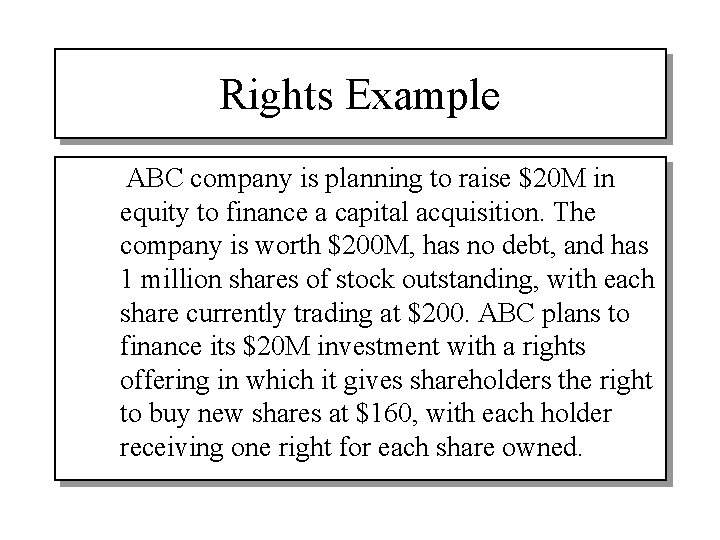 Rights Example ABC company is planning to raise $20 M in equity to finance