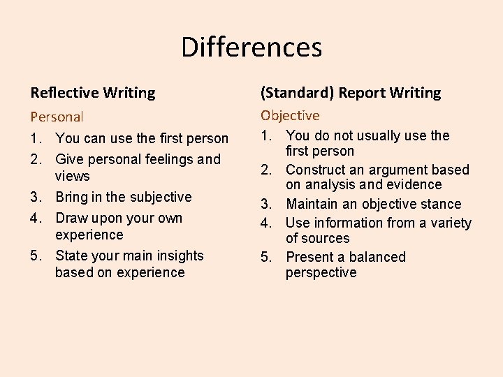 Differences Reflective Writing (Standard) Report Writing Personal Objective 1. You can use the first