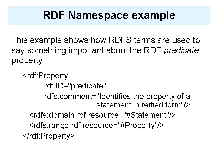 RDF Namespace example This example shows how RDFS terms are used to say something