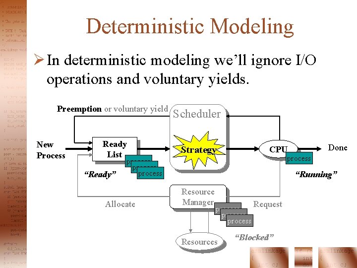 Deterministic Modeling Ø In deterministic modeling we’ll ignore I/O operations and voluntary yields. Preemption Deterministic Modeling Ø In deterministic modeling we’ll ignore I/O operations and voluntary yields. Preemption