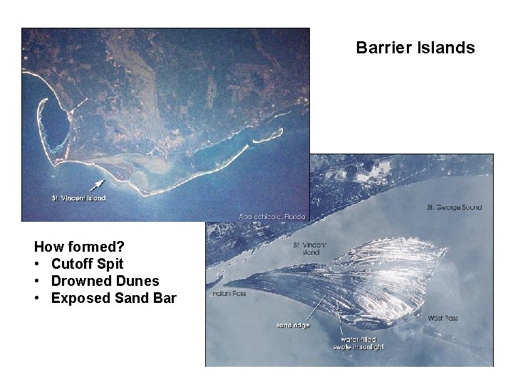 Barrier Islands How formed? • Cutoff Spit • Drowned Dunes • Exposed Sand Bar