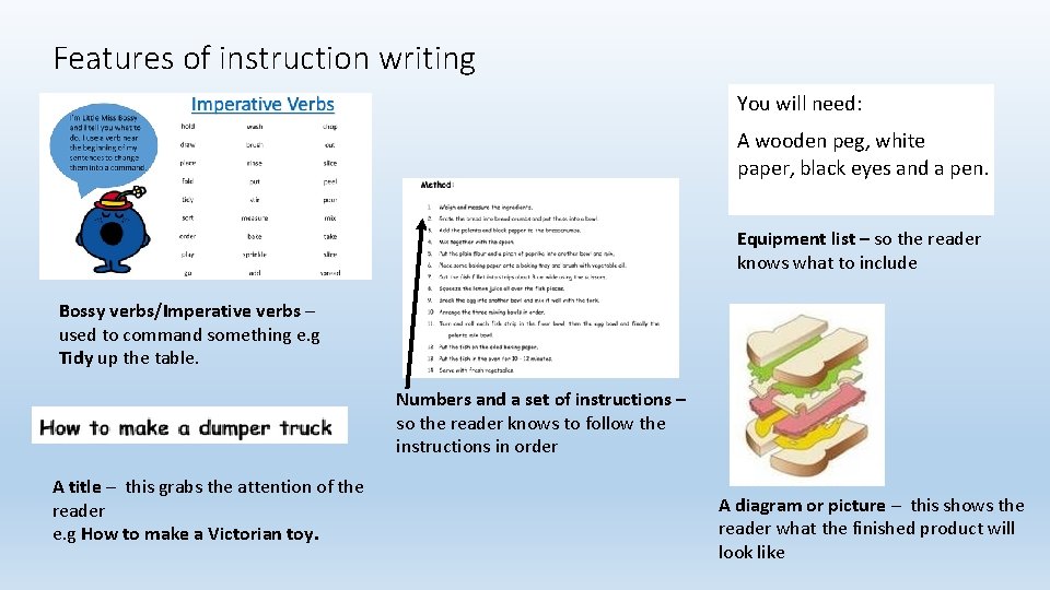 Features of instruction writing You will need: A wooden peg, white paper, black eyes Features of instruction writing You will need: A wooden peg, white paper, black eyes
