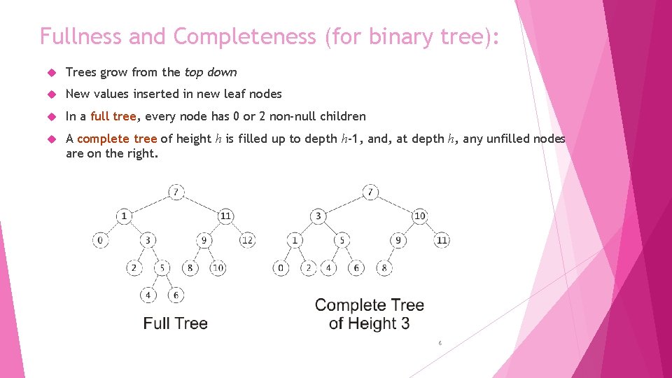 Fullness and Completeness (for binary tree): Trees grow from the top down New values