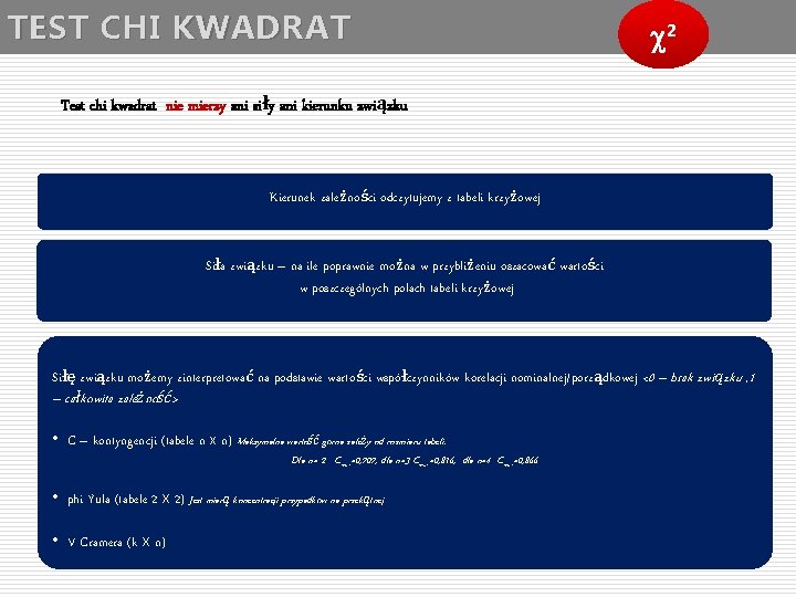 TEST CHI KWADRAT 2 Test chi kwadrat nie mierzy ani siły ani kierunku związku