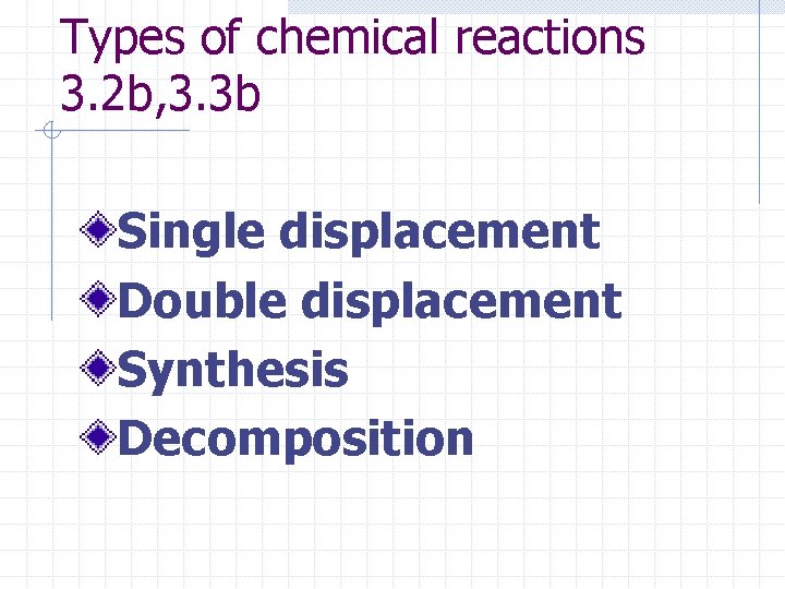 Types of chemical reactions 3. 2 b, 3. 3 b Single displacement Double displacement