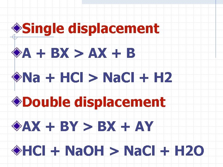 Single displacement A + BX > AX + B Na + HCl > Na.